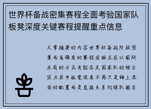 世界杯备战密集赛程全面考验国家队板凳深度关键赛程提醒重点信息